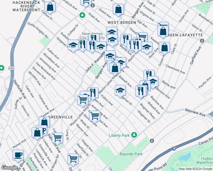 map of restaurants, bars, coffee shops, grocery stores, and more near 158 Martin Luther King Drive in Jersey City