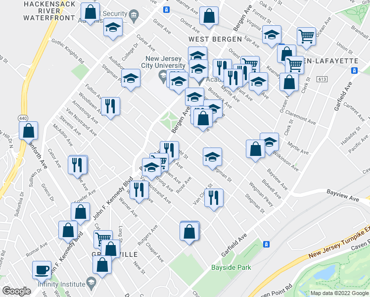 map of restaurants, bars, coffee shops, grocery stores, and more near 224 Dwight Street in Jersey City