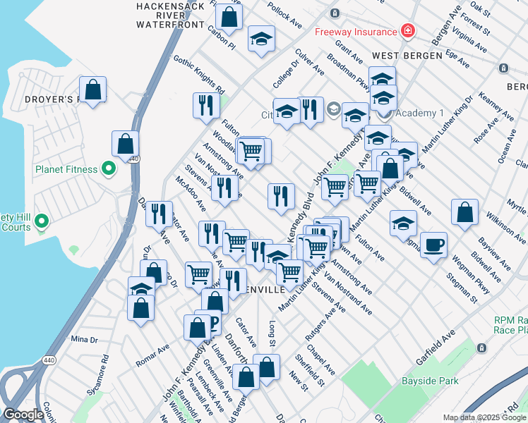map of restaurants, bars, coffee shops, grocery stores, and more near 283 Van Nostrand Avenue in Jersey City