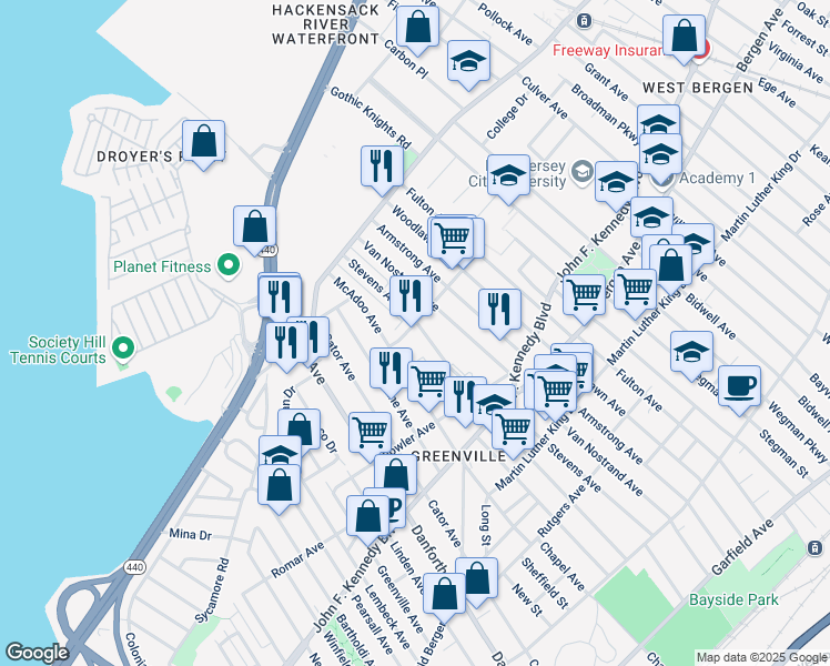 map of restaurants, bars, coffee shops, grocery stores, and more near 86 Sterling Avenue in Jersey City