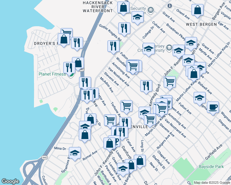 map of restaurants, bars, coffee shops, grocery stores, and more near 184 McAdoo Avenue in Jersey City