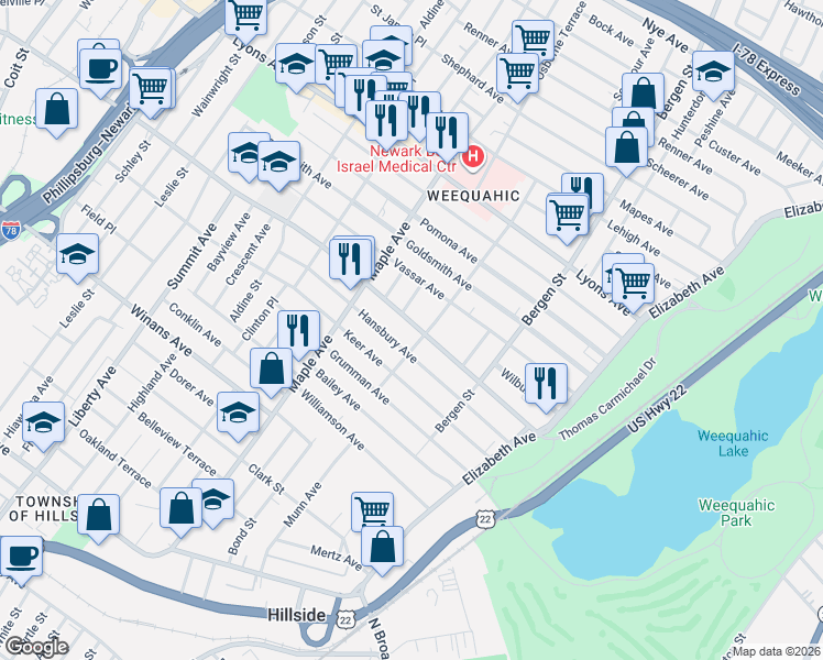 map of restaurants, bars, coffee shops, grocery stores, and more near 148 Chancellor Avenue in Newark