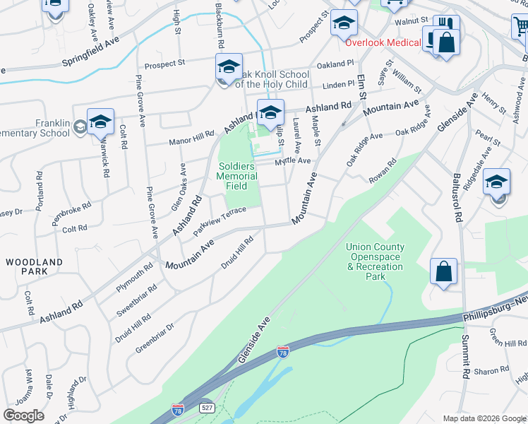 map of restaurants, bars, coffee shops, grocery stores, and more near 2 Parkview Terrace in Summit