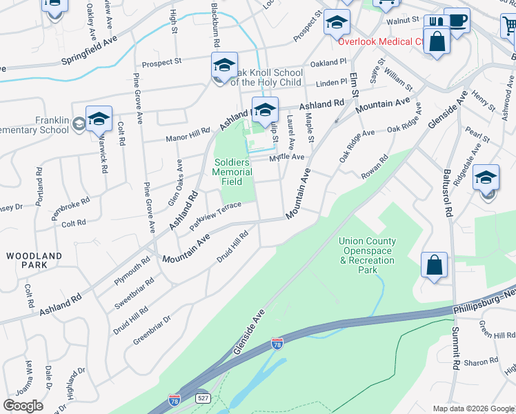 map of restaurants, bars, coffee shops, grocery stores, and more near 2 Parkview Terrace in Summit