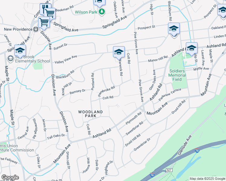 map of restaurants, bars, coffee shops, grocery stores, and more near 6 Pembroke Road in Summit