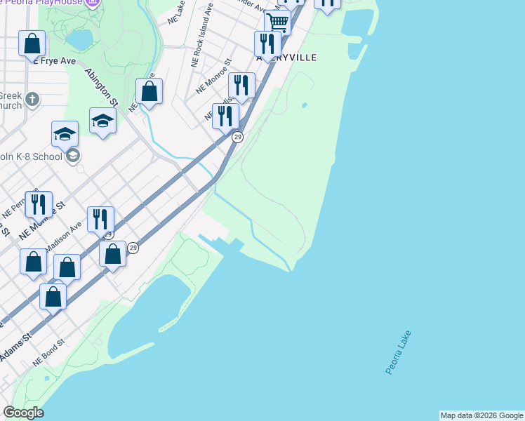 map of restaurants, bars, coffee shops, grocery stores, and more near 165 Grant Street in Peoria