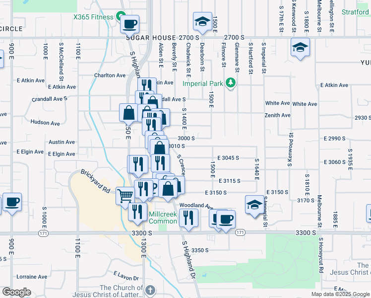 map of restaurants, bars, coffee shops, grocery stores, and more near 1422 East 3010 South in Salt Lake City