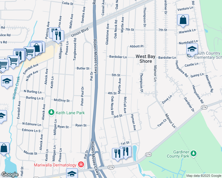 map of restaurants, bars, coffee shops, grocery stores, and more near 414 Oak Neck Road in West Islip