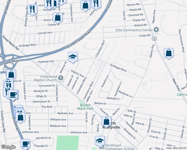 map of restaurants, bars, coffee shops, grocery stores, and more near 41-59 Commerce Boulevard in Amityville