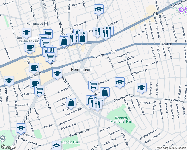 map of restaurants, bars, coffee shops, grocery stores, and more near 4 Duryea Place in Hempstead