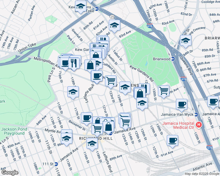 map of restaurants, bars, coffee shops, grocery stores, and more near 123rd Street in Queens