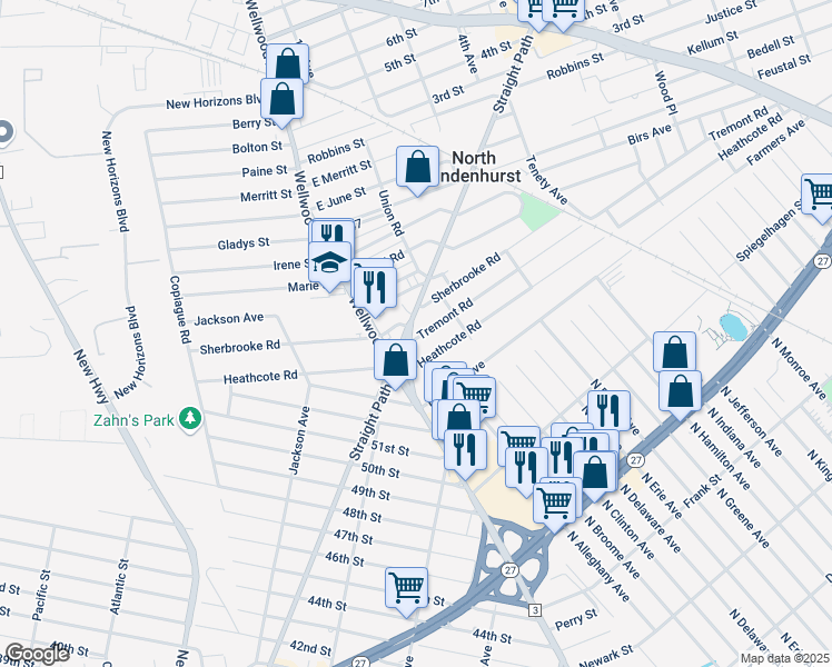 map of restaurants, bars, coffee shops, grocery stores, and more near 1613 Straight Path in Lindenhurst