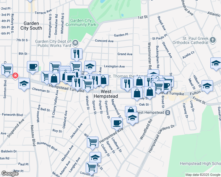 map of restaurants, bars, coffee shops, grocery stores, and more near in West Hempstead