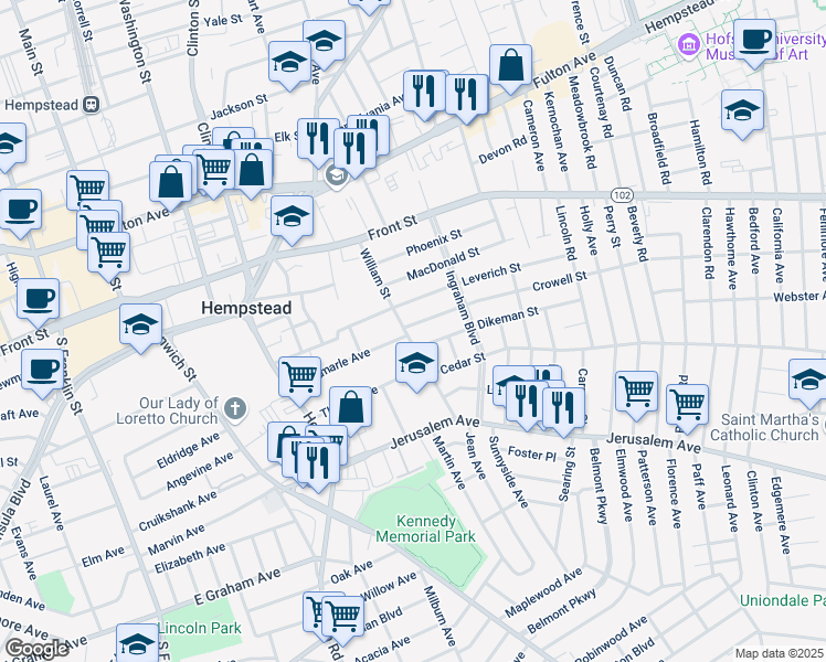 map of restaurants, bars, coffee shops, grocery stores, and more near 6 Crowell Street in Hempstead
