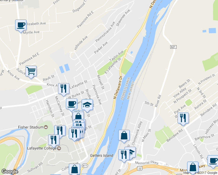 map of restaurants, bars, coffee shops, grocery stores, and more near 620 Weygadt Drive in Easton