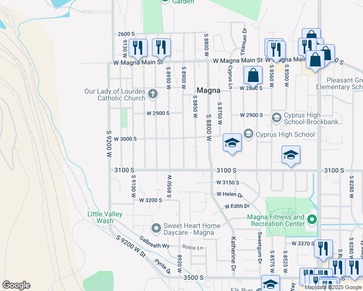map of restaurants, bars, coffee shops, grocery stores, and more near 3022 South 8900 West in Magna