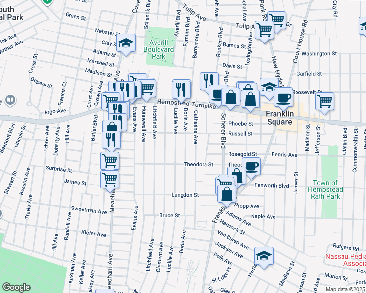 map of restaurants, bars, coffee shops, grocery stores, and more near 100 Doris Avenue in Franklin Square