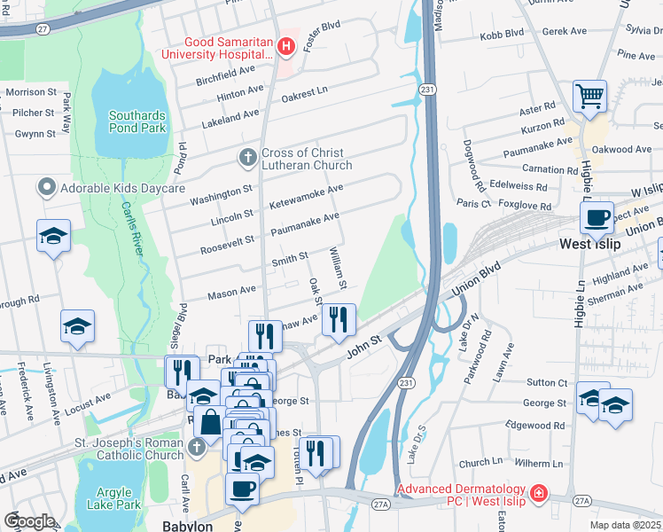 map of restaurants, bars, coffee shops, grocery stores, and more near 26 William Street in Babylon
