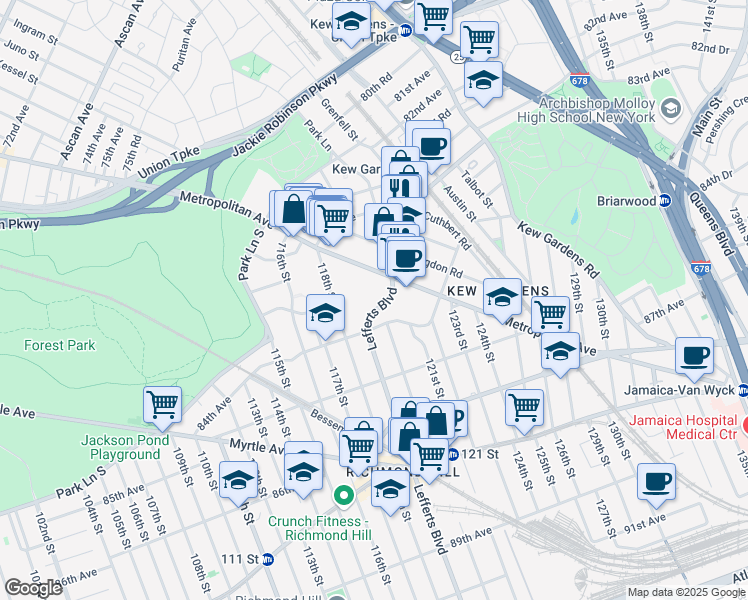 map of restaurants, bars, coffee shops, grocery stores, and more near 83-34 Lefferts Boulevard in Queens