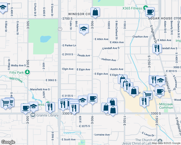 map of restaurants, bars, coffee shops, grocery stores, and more near 3020 South 900 East in Millcreek