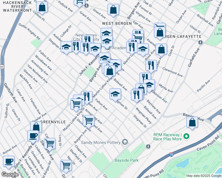 map of restaurants, bars, coffee shops, grocery stores, and more near 175 Wegman Parkway in Jersey City