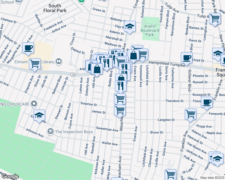 map of restaurants, bars, coffee shops, grocery stores, and more near 1375 Fox Street in Elmont