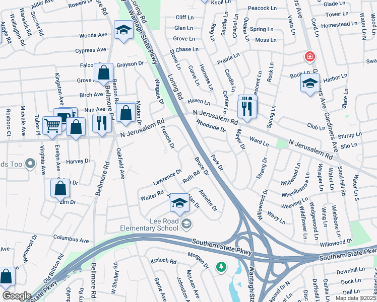map of restaurants, bars, coffee shops, grocery stores, and more near 786 Bruce Drive in Wantagh