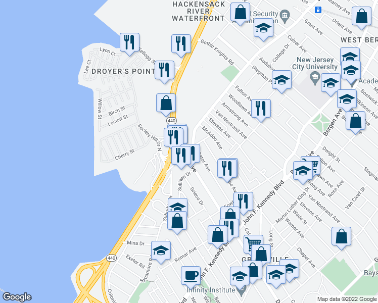 map of restaurants, bars, coffee shops, grocery stores, and more near 1 West Side Avenue in Jersey City