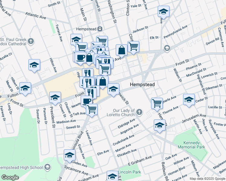map of restaurants, bars, coffee shops, grocery stores, and more near 252 Peninsula Boulevard in Hempstead