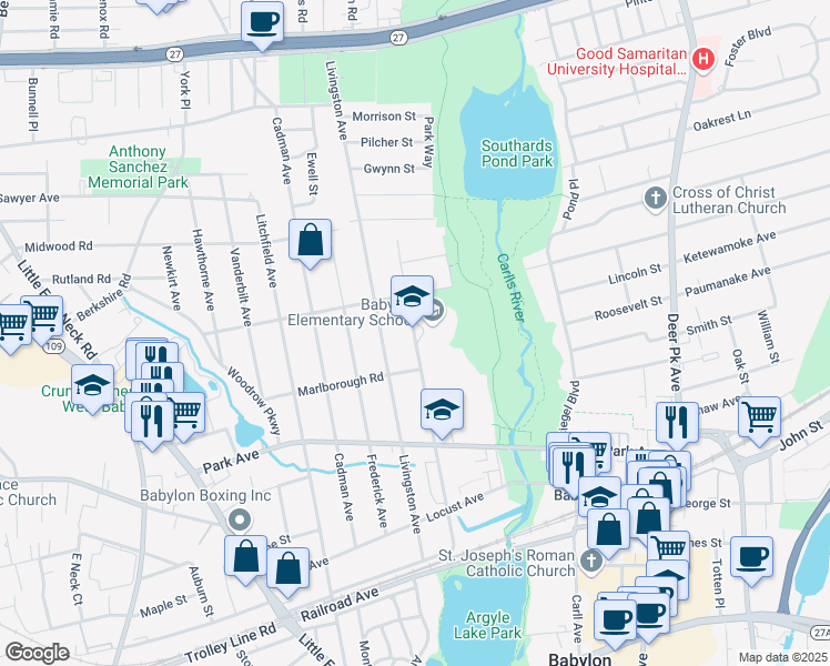 map of restaurants, bars, coffee shops, grocery stores, and more near 171 Ralph Avenue in Babylon