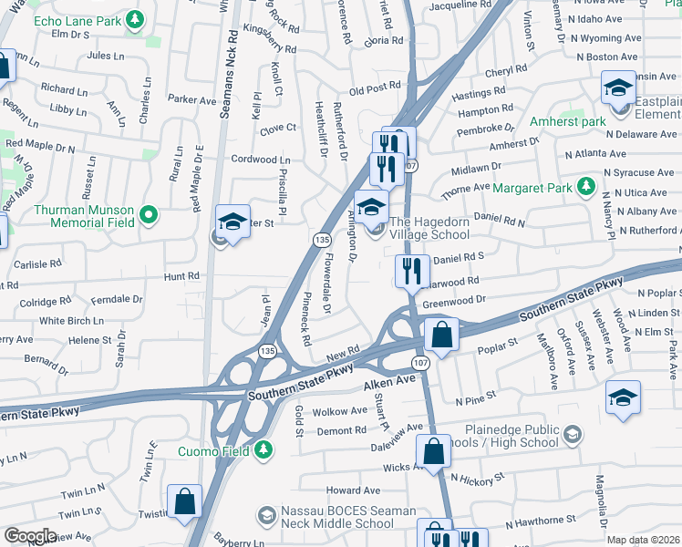 map of restaurants, bars, coffee shops, grocery stores, and more near 761 Flowerdale Drive in Seaford