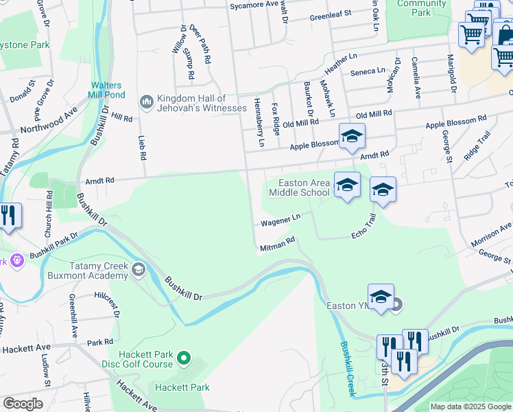 map of restaurants, bars, coffee shops, grocery stores, and more near 1013 Mitman Road in Easton