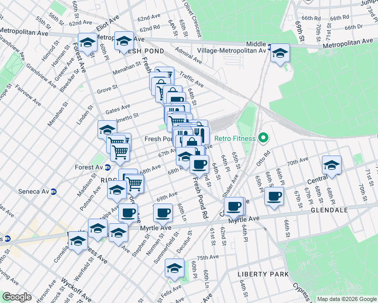 map of restaurants, bars, coffee shops, grocery stores, and more near 67-23 Fresh Pond Road in Queens