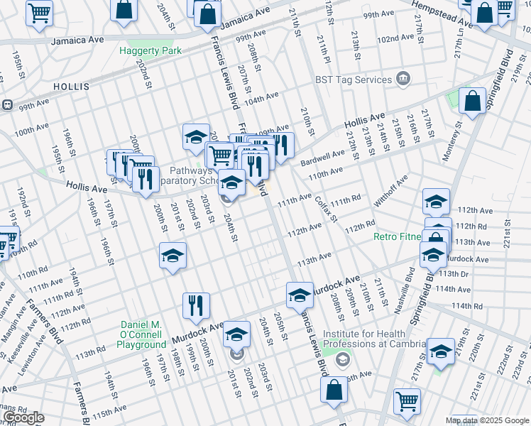 map of restaurants, bars, coffee shops, grocery stores, and more near 111-02 Francis Lewis Boulevard in Queens