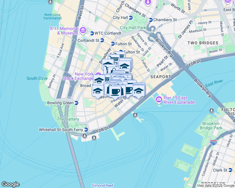 map of restaurants, bars, coffee shops, grocery stores, and more near 87 Beaver Street in New York