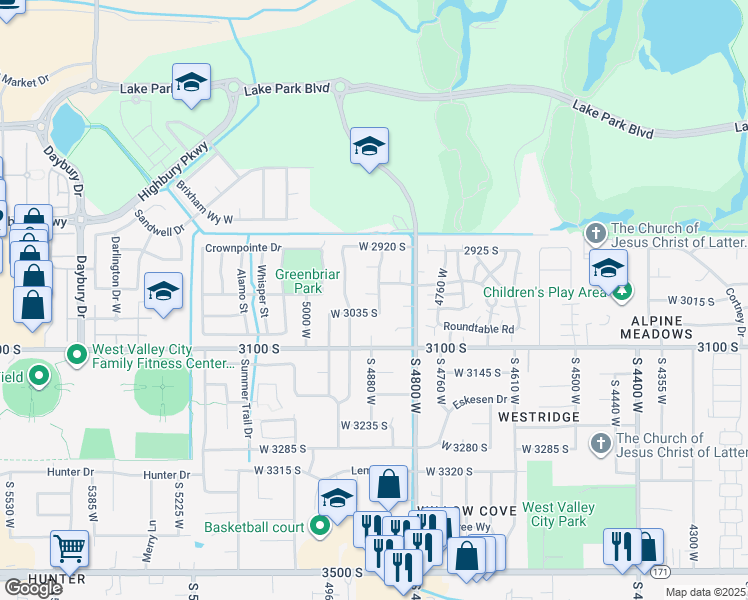 map of restaurants, bars, coffee shops, grocery stores, and more near 4877 West Hayloft Cove in West Valley City