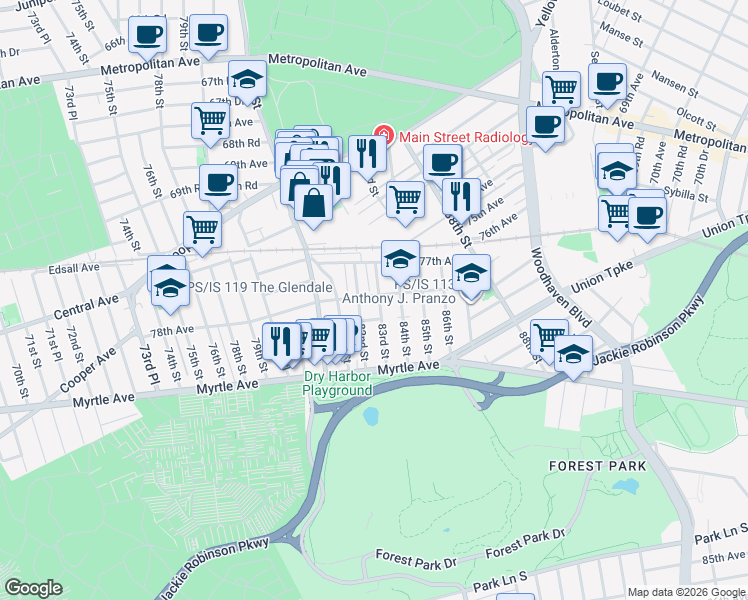 map of restaurants, bars, coffee shops, grocery stores, and more near 82-16 78th Avenue in Queens