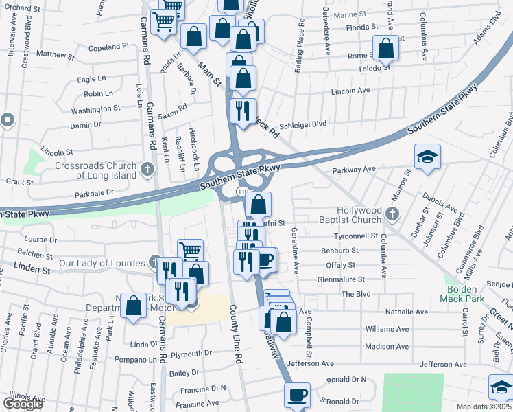 map of restaurants, bars, coffee shops, grocery stores, and more near 833979 Broadway in Amityville