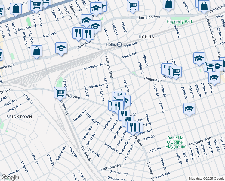 map of restaurants, bars, coffee shops, grocery stores, and more near 104-38 Farmers Boulevard in Queens