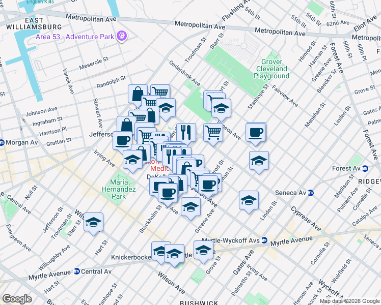 map of restaurants, bars, coffee shops, grocery stores, and more near 1690 DeKalb Avenue in Brooklyn