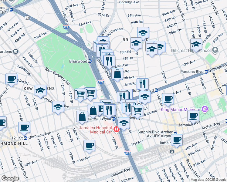map of restaurants, bars, coffee shops, grocery stores, and more near 139-24 Queens Boulevard in Queens