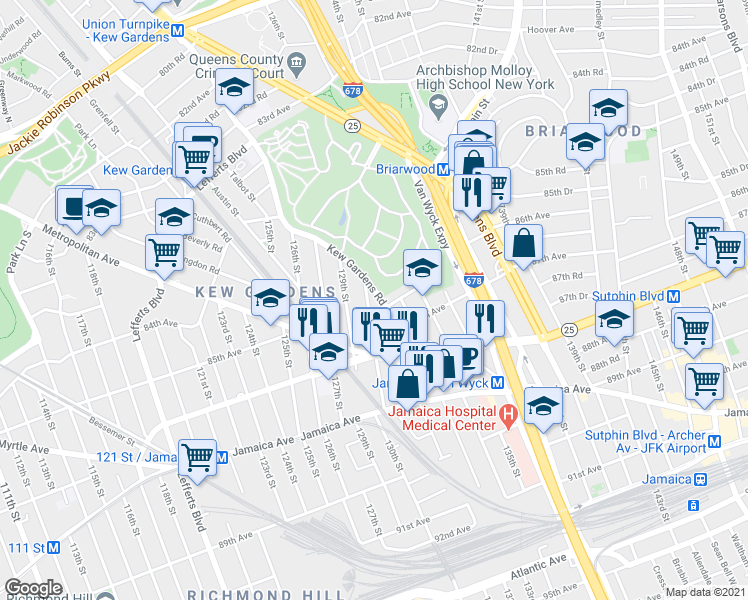 map of restaurants, bars, coffee shops, grocery stores, and more near 84-27 130th Street in Queens