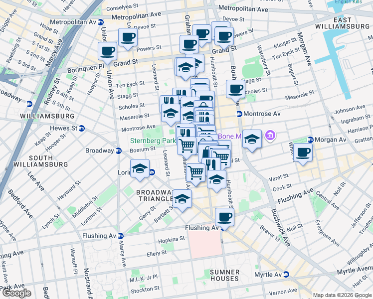 map of restaurants, bars, coffee shops, grocery stores, and more near 124 Boerum Street in Brooklyn