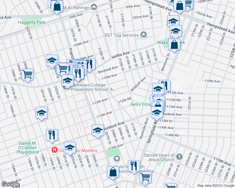 map of restaurants, bars, coffee shops, grocery stores, and more near 209-35 112th Avenue in Queens