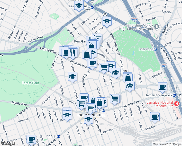 map of restaurants, bars, coffee shops, grocery stores, and more near 83-15 Lefferts Boulevard in Queens