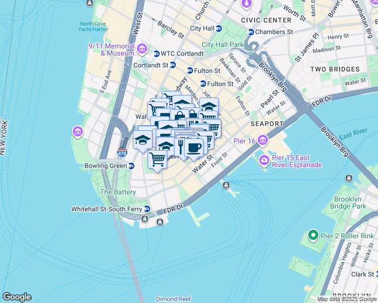 map of restaurants, bars, coffee shops, grocery stores, and more near 5 Hanover Square in New York