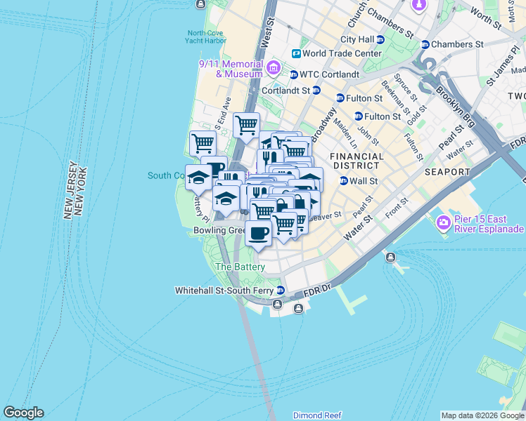 map of restaurants, bars, coffee shops, grocery stores, and more near 11 Broadway in New York