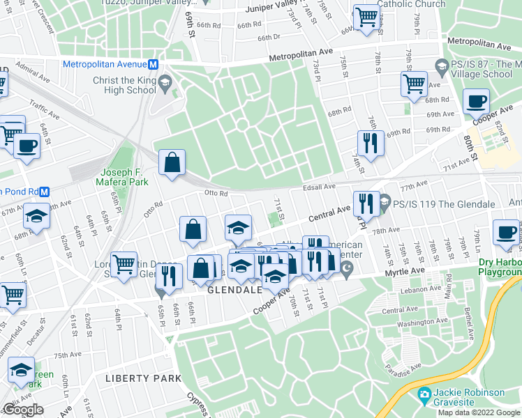 map of restaurants, bars, coffee shops, grocery stores, and more near 70-10 70th Street in Queens