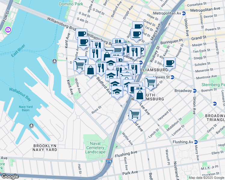 map of restaurants, bars, coffee shops, grocery stores, and more near 138 Wilson Street in Brooklyn