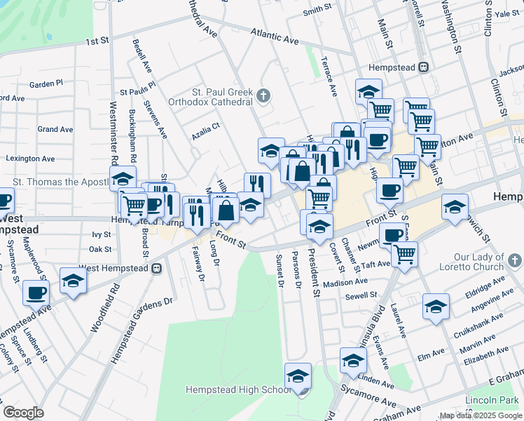 map of restaurants, bars, coffee shops, grocery stores, and more near 50 Fulton Avenue in Hempstead